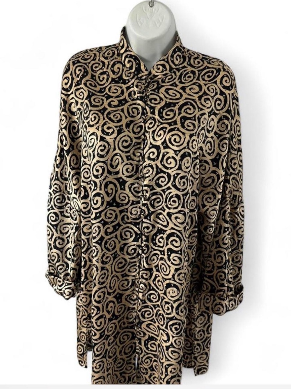 The J. Peterman Company Black & Gold Swirl Silk Blouse